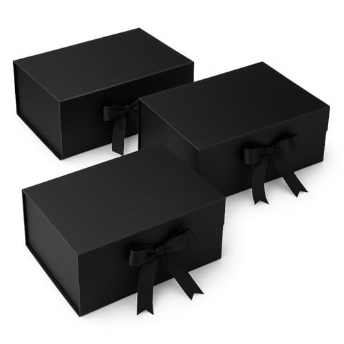 Awestuffs Gift Box Modern Folding Boxes with Ribbon Readymade Boxes for Gifting, Birthday, Parties, Festivals and Return Gifts (Size: Large) (Colour: Black) (23 x 16 x 10 cm) (Set of 3) - Image 1
