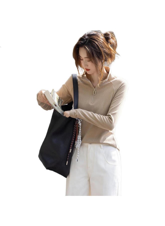 Dme [Hanli Hanqi] Autumn Private Collection Worker'S Wear Stand Collar Long Sleeve Comfortable Covering Meat Casual Women'S T-Shirt - Image 3