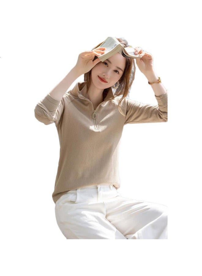 Dme [Hanli Hanqi] Autumn Private Collection Worker'S Wear Stand Collar Long Sleeve Comfortable Covering Meat Casual Women'S T-Shirt - Image 2