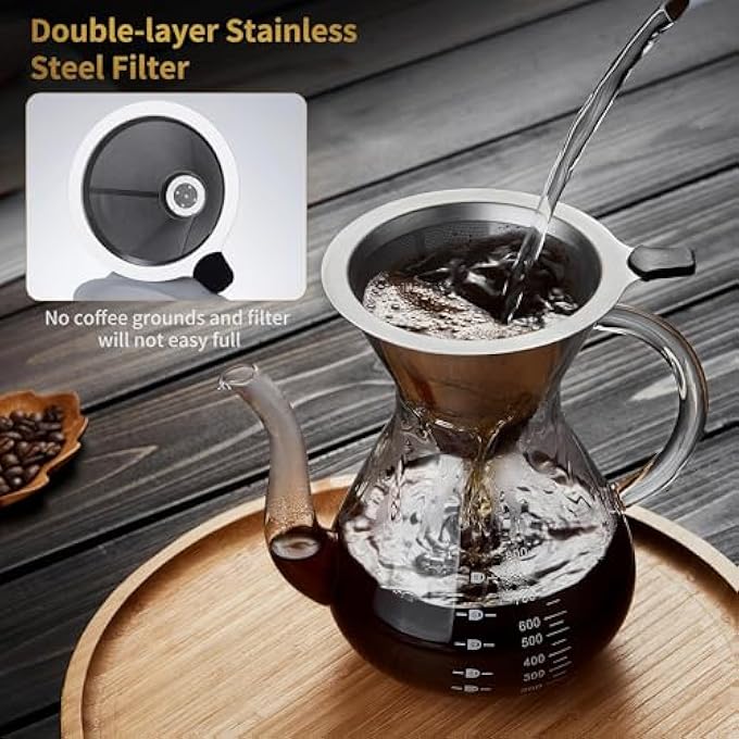 KASTWAVE Pour Over Coffee Maker 800Ml Pour Over Coffee Machine With Double Stainless Filter Reusable Pour Over Coffee Carafe With Grip And Tick Mark Thickened Heat Resistant Borosilicate Glass - Image 3