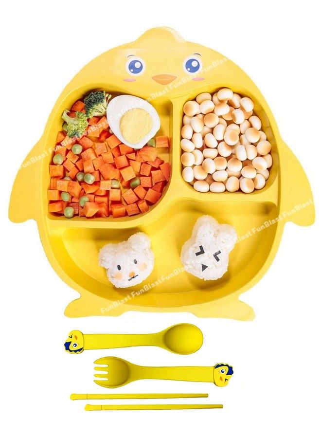 FunBlast Bamboo Fiber Feeding Set For Kidscartoon Design Children Tableware Set Utensils And Dishes Includes Plate Spoon Fork And Chopsticks Plates For Kids Tableware Cutlery (Yellow)  - Image 2