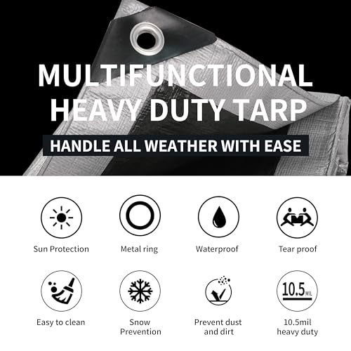 TARPAL 8x16 Feet Tarps Silver 10.5Mil Multipurpose Protective Cover Heavy Duty Tarp Waterproof,Snow or UV Protection,Durable Reinforced Edges - Image 2