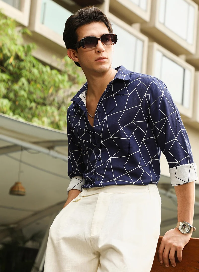 Campus Sutra Campus Sutra Men's Indigo Blue Mosaic-Jacquard Shirt | Spread Collar , Long  Cuffed Sleeves , Button Closure | Geometric Jacquard | Cotton-Blend Shirt For Casual Wear