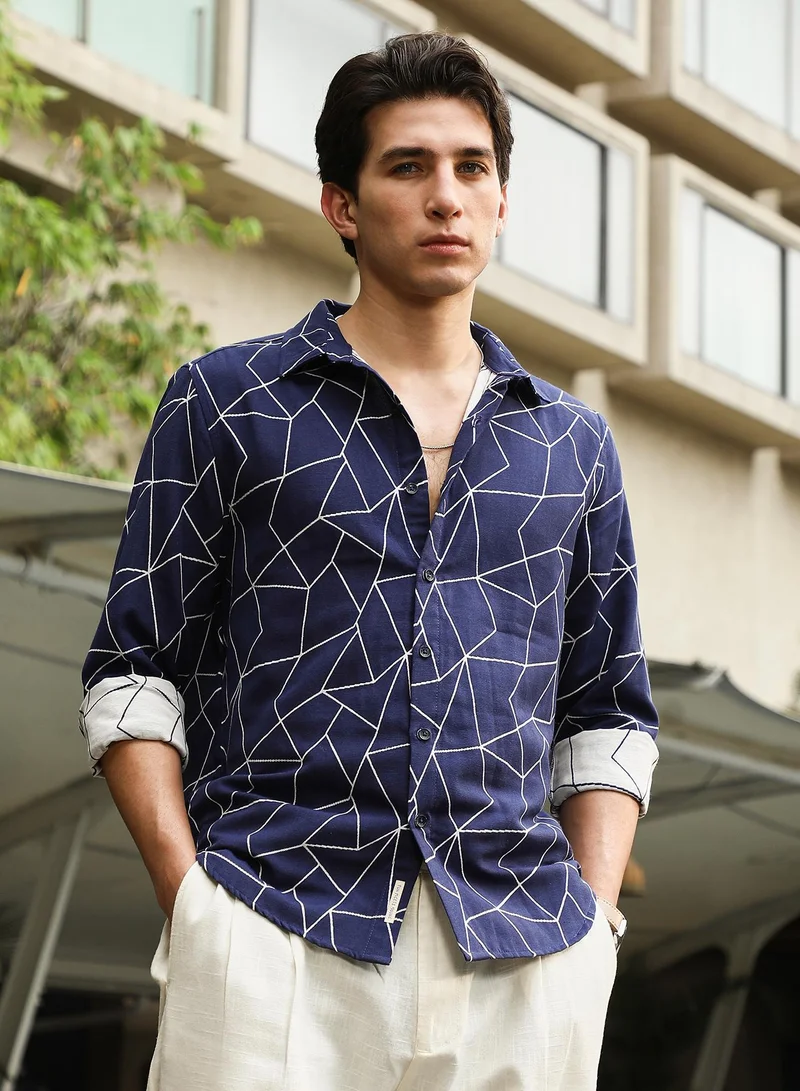Campus Sutra Campus Sutra Men's Indigo Blue Mosaic-Jacquard Shirt | Spread Collar , Long  Cuffed Sleeves , Button Closure | Geometric Jacquard | Cotton-Blend Shirt For Casual Wear