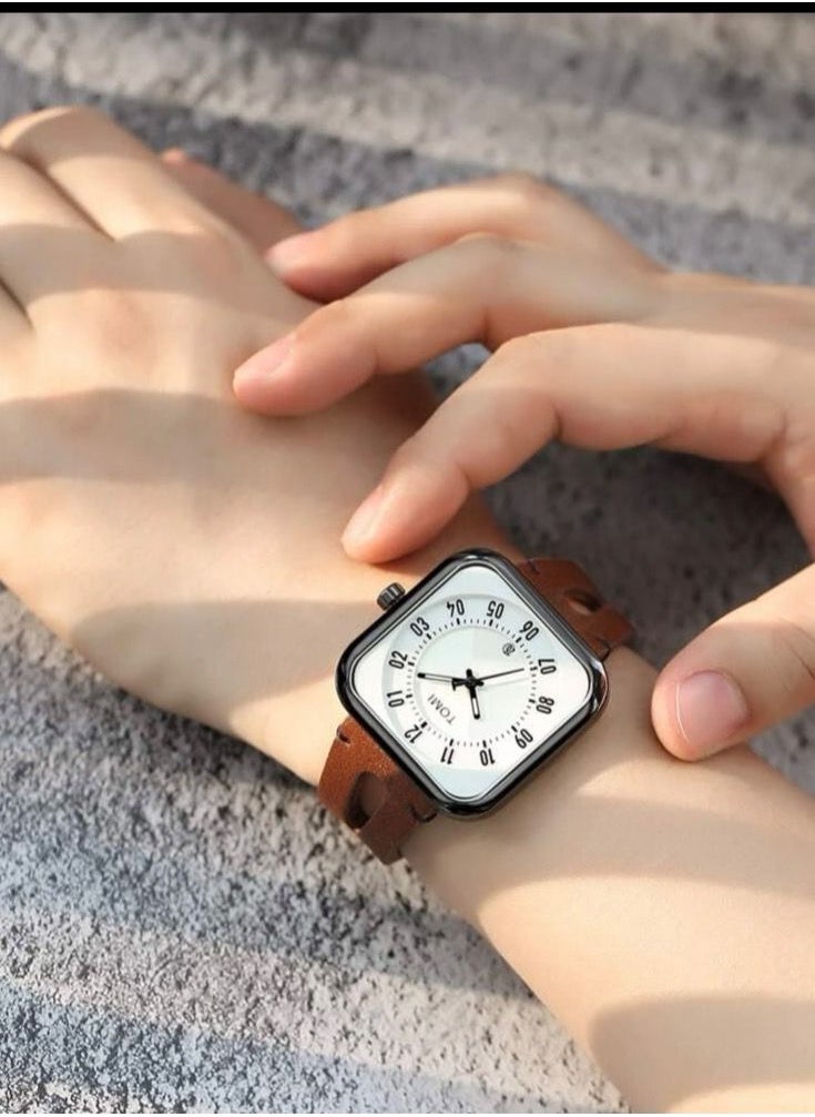 TOMI - TOMI Analog Watch With Brown Leather Strap For Unisex, Includes Date Display On a Daily Basis - Image 1