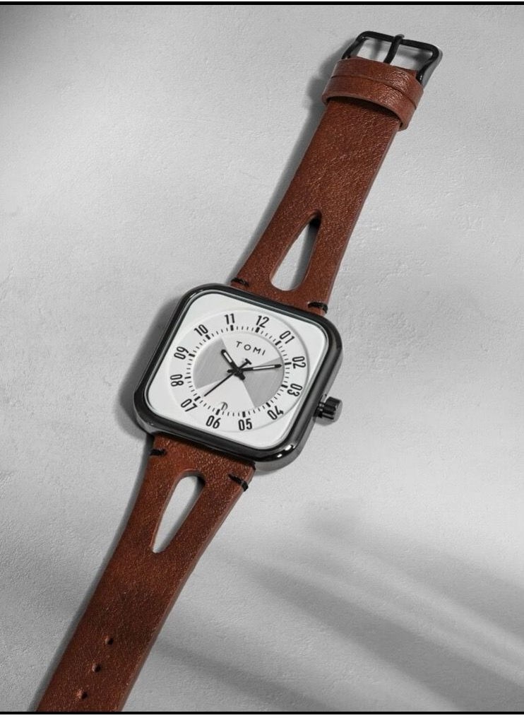 TOMI - TOMI Analog Watch With Brown Leather Strap For Unisex, Includes Date Display On a Daily Basis - Image 1