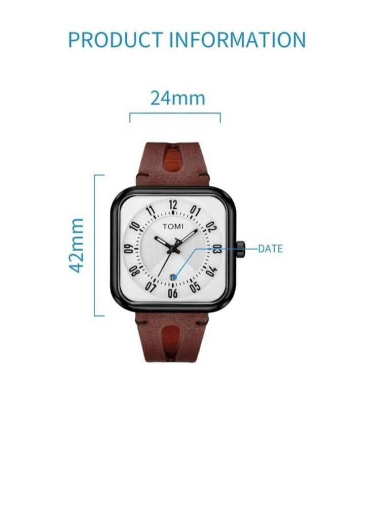 TOMI - TOMI Analog Watch With Brown Leather Strap For Unisex, Includes Date Display On a Daily Basis - Image 1