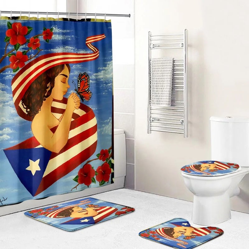 Y&D 4 Pcs Shower Curtain Sets Puerto Rico Flag Waterproof  Bathroom Set with Non-Slip Rugs Toilet Lid Cover Bath Mat - Image 1