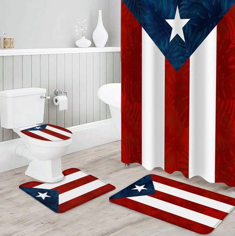 Y&D 4 Pcs Shower Curtain Sets Puerto Rico Flag Waterproof  Bathroom Set with Non-Slip Rugs Toilet Lid Cover Bath Mat - Image 3