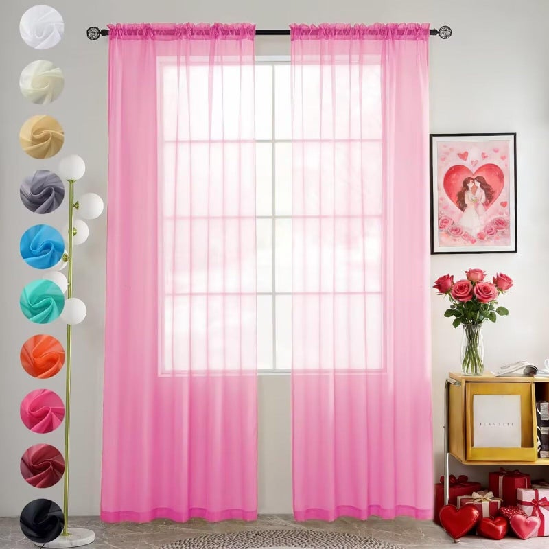 youleyar Solid Sheer Rod Pocket Curtain Voile Draperies 2 Panels White Beige Black Grey Coffee 52 Inch Width 84 Inch Long 1 Pair for Kitchen Bedroom Children Living Room Yard (New Pink,52Wï½˜84L) - Image 1