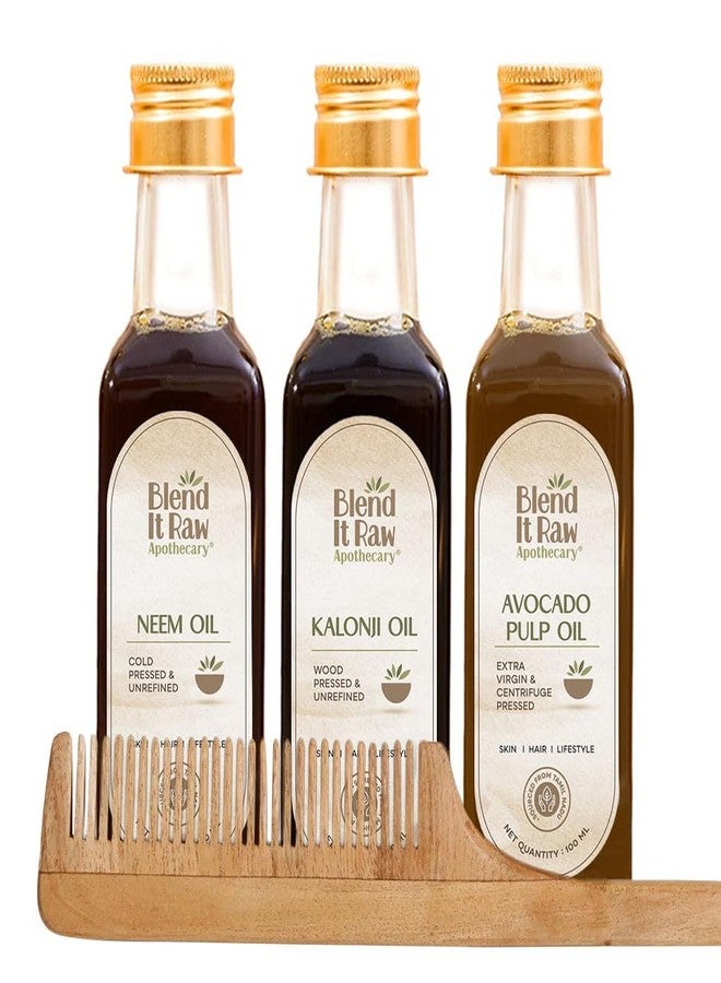 Blend It Raw Apothecary مجموعة Blend It Raw Apothecary من زيت الأفوكادو، وزيت النيم، وزيت حبة البركة، 100 مل لكل منها، مع مشط خشبي مجاني | [زيوت الأفوكادو، والنيم، وحبة البركة المعصورة على البارد] - Image 1