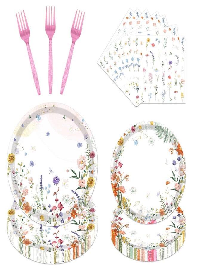 refavor Floral Paper Plates Set - 96PCS Wildflower Party Decorations Supplies Flower Baby in Bloom Baby Shower Decorations Disposable Flower Paper Plates Napkins Tableware Spring Summer Picnic Party - Image 1