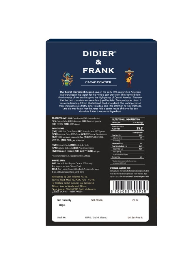 Didier & Frank Pure Cacao Powder, 80g - Unsweetened Dark Cocoa for Baking, Desserts, Smoothies, Hot Chocolate & Cakes - Image 2