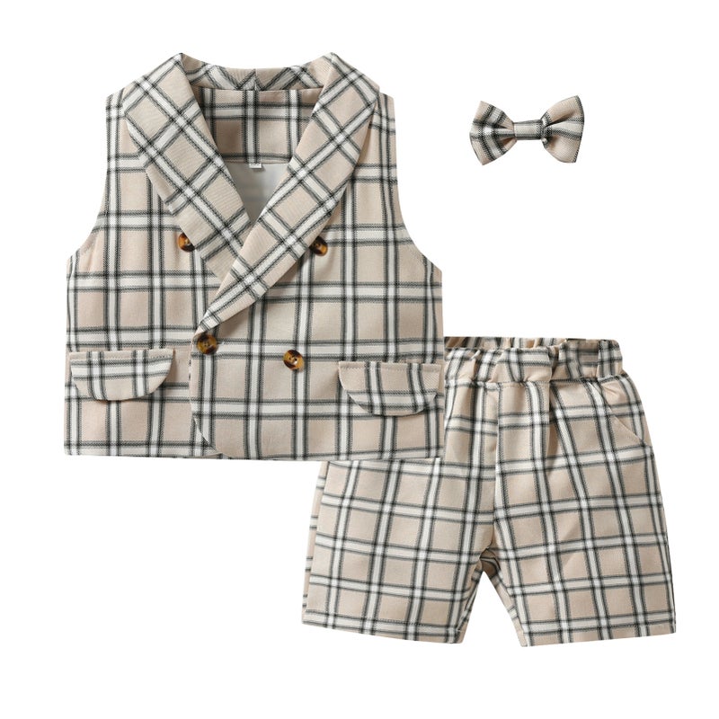 إسكدنيا Cross-border Summer Boys Plaid Vest Shorts Bow-tie Gentlemans Suit Three-piece Babys Birthday Banquet Performance Dress Khaki