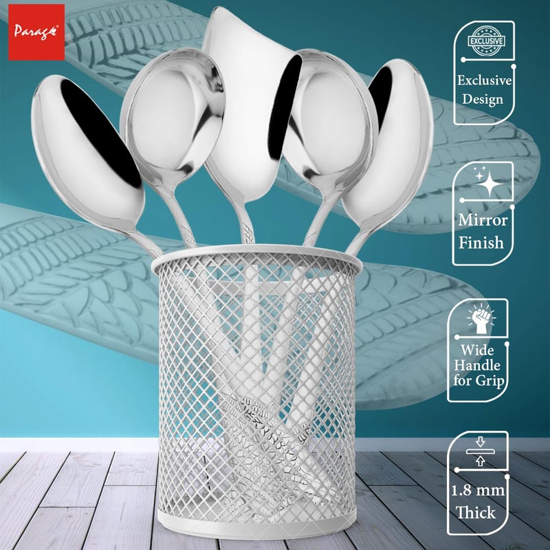 Parage مجموعة ملاعق تقديم من الفولاذ المقاوم للصدأ 5 قطع لطاولة الطعام/المطبخ، سمك 1.8 مم (2 ملعقة شوربة (كارشي)، 2 ملعقة صلبة (تشامشا)، 1 ملعقة أرز)، فضي (عبوة من 5) - Image 3