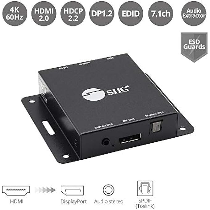 SIIG HDMI TO DISPLAYPORT CONVERTER ADAPTER, ONE-WAY HDMI 2.0 SOURCE TO DP 1.2 DISPLAY,4K60 & 1080P144HZ,HDCP 2.2,EDID,AUDIO EXTRACT TO TOSLINK/3.5MM,TAA COMPLIANT,ESD PROTECTION CE-H26A11-S1 - Image 2