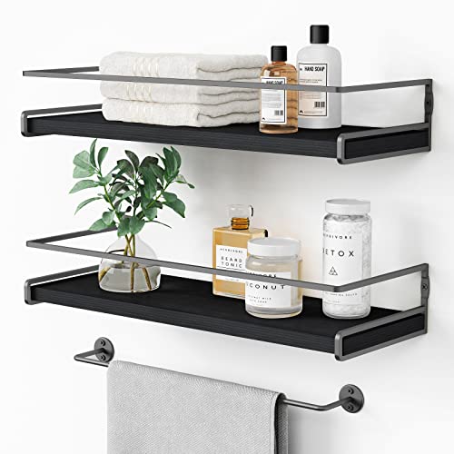 Forbena Black Floating Shelves for Bathroom Wall Set of 2 Kitchen Spice Rack Wall Mount Modern Wood Hanging Wall Shelves for Bedroom Organizer Restroom Pantry Closet Storage GreyBlack