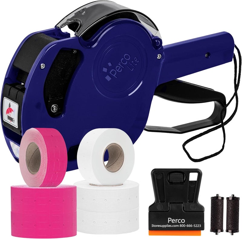 Perco Lite 1 Line Price Gun with Labels Kit - Includes 3 White Rolls, 3 Fluorescent Pink Rolls, 2 Ink Rollers, 1 Ink roll and Labels Pre-Loaded - Image 1