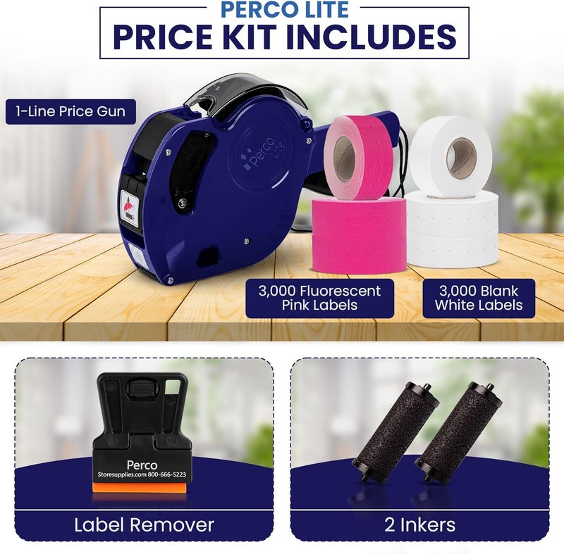 Perco Lite 1 Line Price Gun with Labels Kit - Includes 3 White Rolls, 3 Fluorescent Pink Rolls, 2 Ink Rollers, 1 Ink roll and Labels Pre-Loaded - Image 2