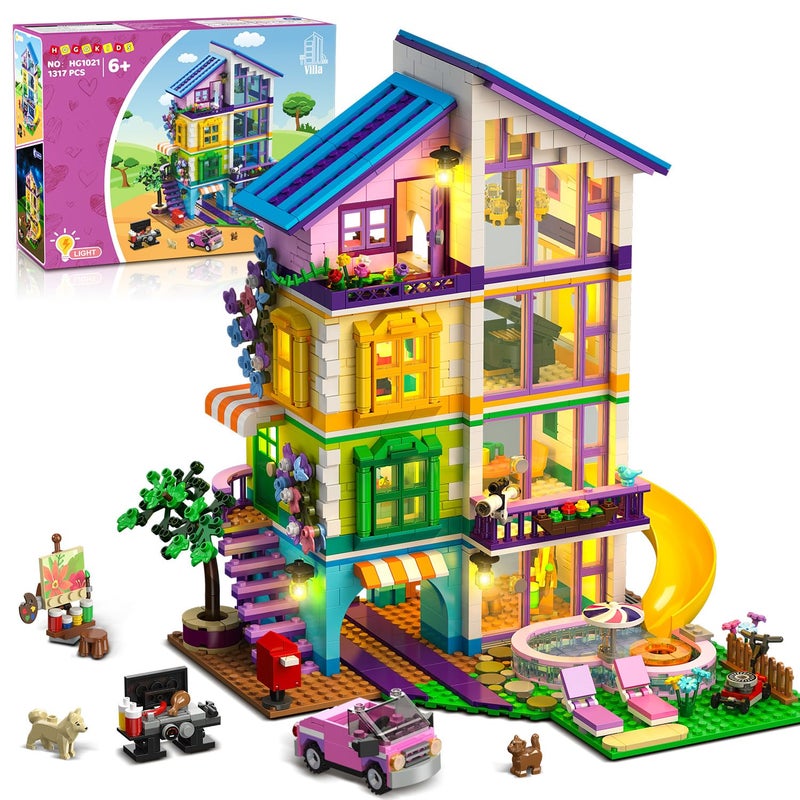HOGOKIDS Girls House Building Set with LED Light 1317 PCS Friends Villa Block Toy with Car and Pool Garden 4 Floor Building Kit for Role Play Birthday Gift for Girls Boys Kids Ages 814 - Image 2