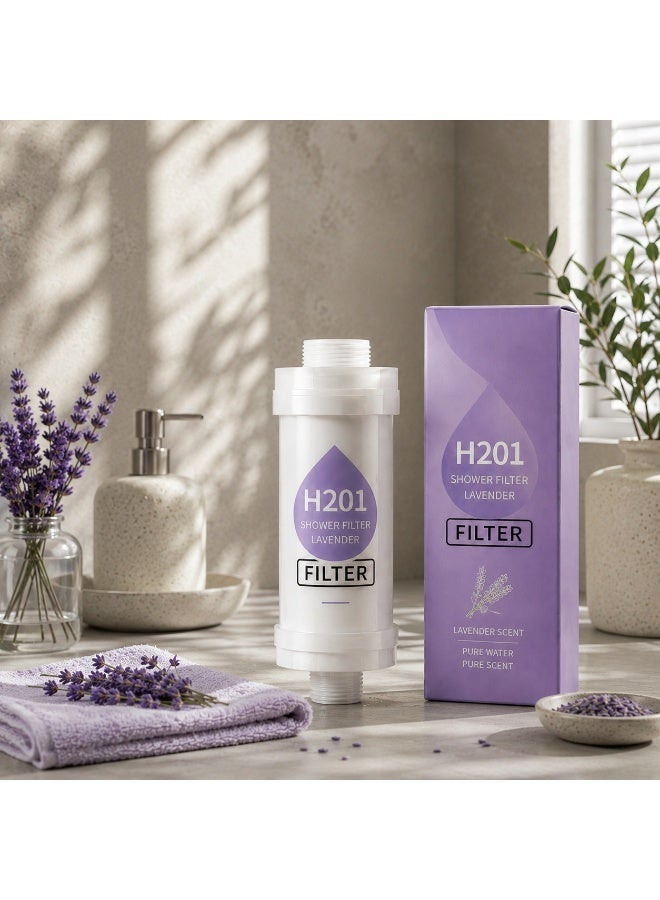 H201 Multi-Layer Shower Filter with Lavender Scent & Vitamin C for water purification. Helps reduce impurities, chlorine residue, and fluoride, and is equipped with filtration beads to help relieve dry skin and hair. Features a quick and easy installation. - Image 1