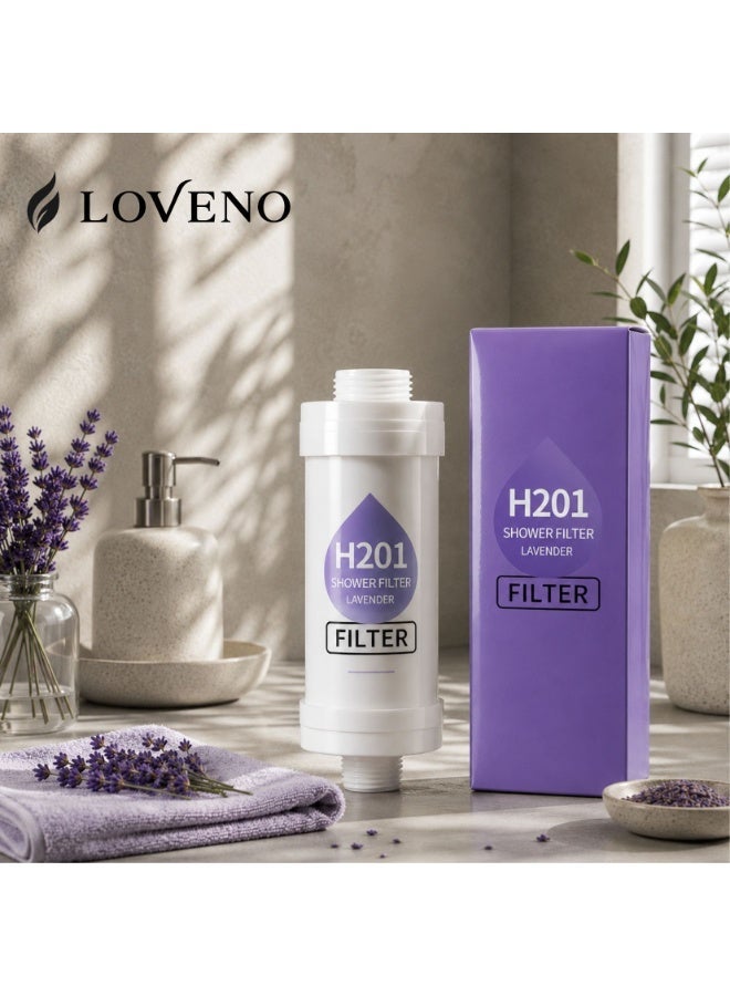 Loveno Shower Filter with Lavender Scent & Vitamin C for water purification. Helps reduce impurities, chlorine residue, and fluoride, and is equipped with filtration beads to help relieve dry skin and hair. Features a quick and easy installation. - Image 1