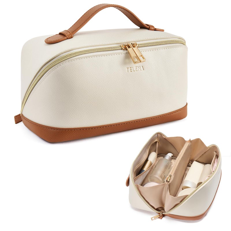 Telena Makeup Bag Large Capacity Travel Cosmetic Bag Portable PU Leather Water Resistant Makeup Organizer Bags for Women with Handle and Divider Open Flat Beige with Brown - Image 1