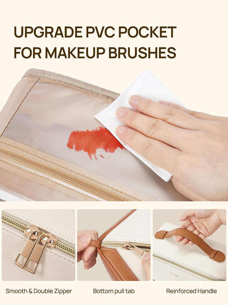 Telena Makeup Bag Large Capacity Travel Cosmetic Bag Portable PU Leather Water Resistant Makeup Organizer Bags for Women with Handle and Divider Open Flat Beige with Brown - Image 3