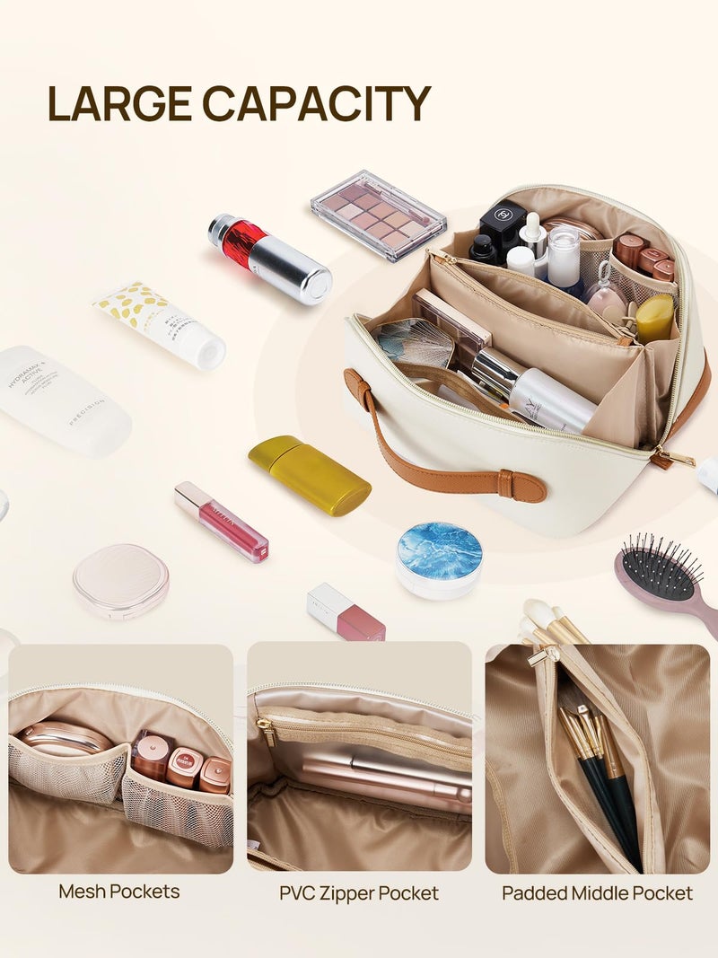 Telena Makeup Bag Large Capacity Travel Cosmetic Bag Portable PU Leather Water Resistant Makeup Organizer Bags for Women with Handle and Divider Open Flat Beige with Brown - Image 4
