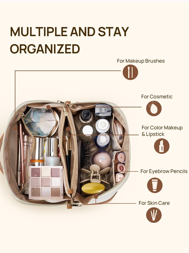 Telena Makeup Bag Large Capacity Travel Cosmetic Bag Portable PU Leather Water Resistant Makeup Organizer Bags for Women with Handle and Divider Open Flat Beige with Brown - Image 2