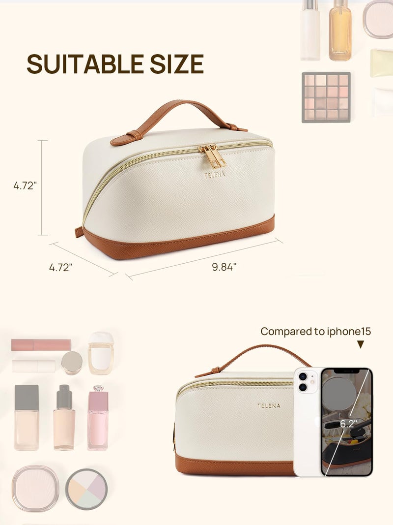 Telena Makeup Bag Large Capacity Travel Cosmetic Bag Portable PU Leather Water Resistant Makeup Organizer Bags for Women with Handle and Divider Open Flat Beige with Brown - Image 5