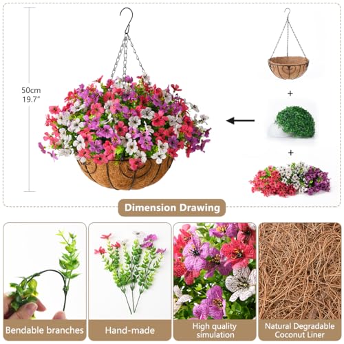 ZFProcess Artificial Faux Hanging Plants Flowers Basket for Outdoor Spring Summer Decoration,Fake Silk Daisy in Planter Realistic UV Resistant for Outside Home Porch Patio Balcony Yard(Purple White Rose) - Image 2