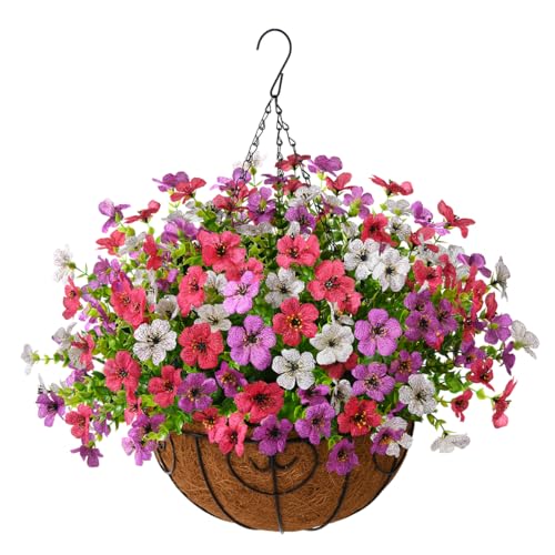 ZFProcess Artificial Faux Hanging Plants Flowers Basket for Outdoor Spring Summer Decoration,Fake Silk Daisy in Planter Realistic UV Resistant for Outside Home Porch Patio Balcony Yard(Purple White Rose) - Image 1