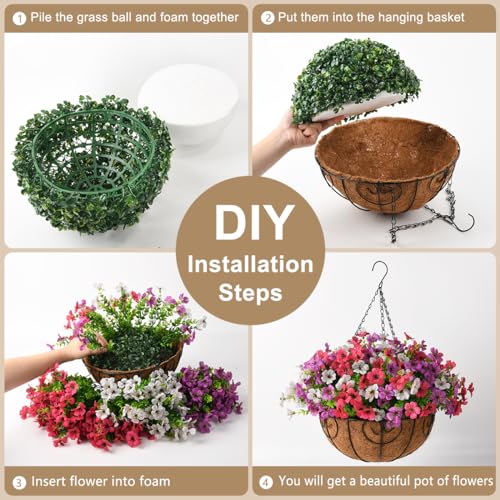 ZFProcess Artificial Faux Hanging Plants Flowers Basket for Outdoor Spring Summer Decoration,Fake Silk Daisy in Planter Realistic UV Resistant for Outside Home Porch Patio Balcony Yard(Purple White Rose) - Image 3