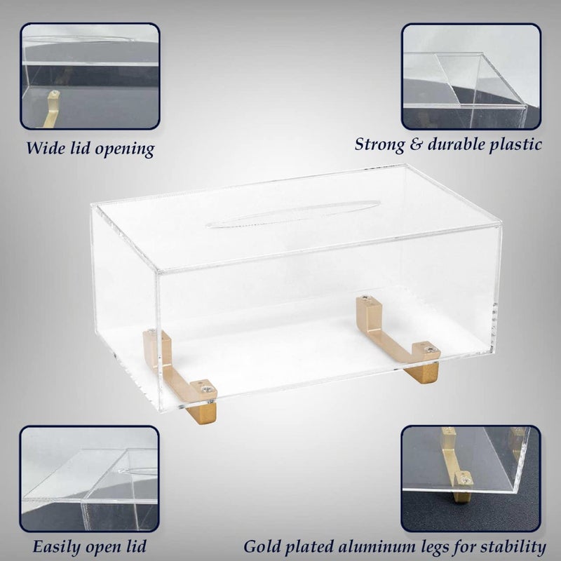 YoBa Thick Acrylic Tissue Box Holder Rectangular Clear Tissue Box Dispenser with Gold Plated Aluminum Legs for Bathroom, Kitchen, Bedroom, Office, Hotels and Restaurant - Image 5