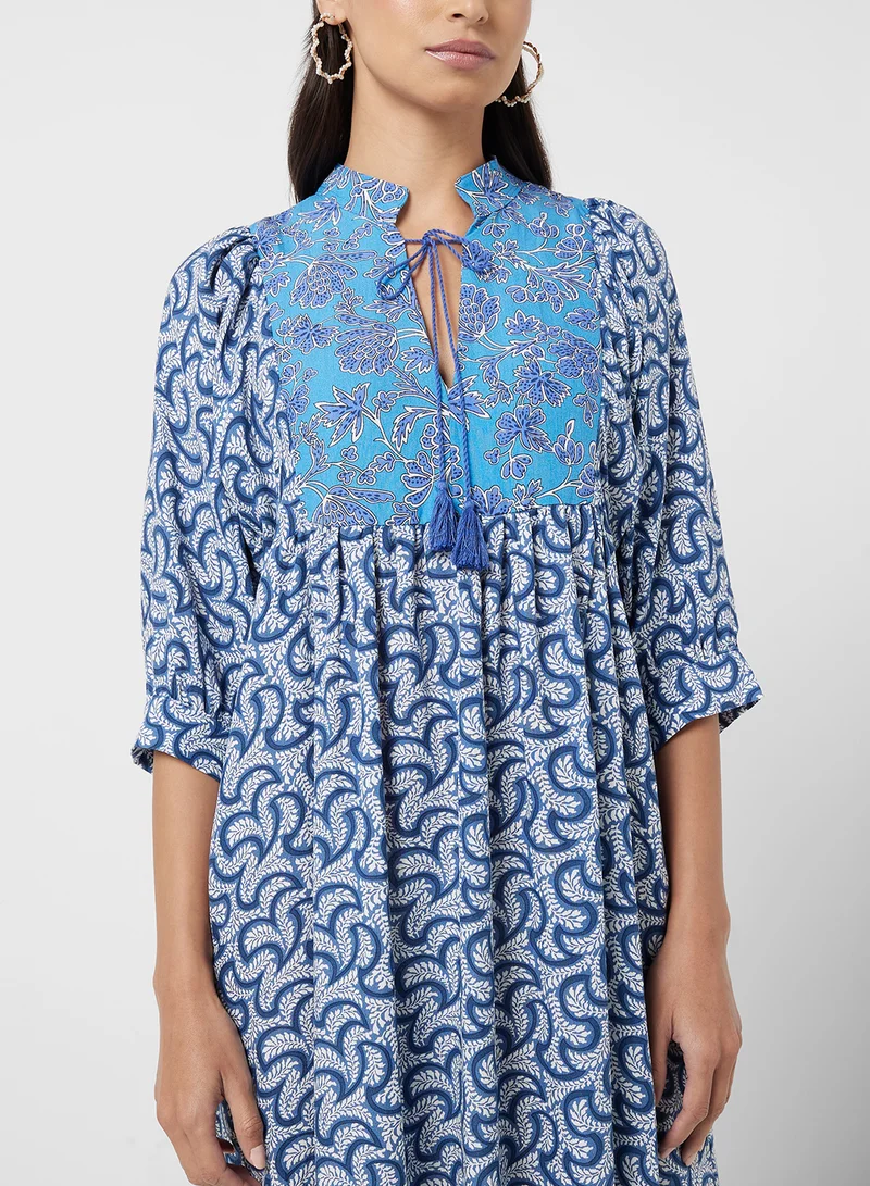 JUNE Drawstring Detail Patterned Dress