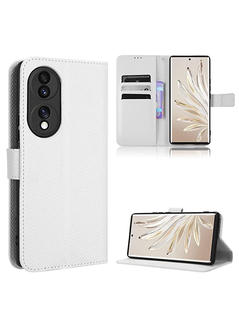 Honor 70 5G Case Cove with Anti-loss Strap flip Wallet case Advanced PU Leather Bracket Card Slot Holder TPU Shockproof Protective Protector White  - Image 2