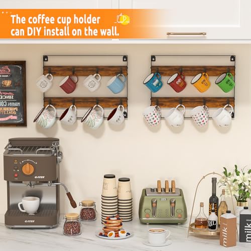 Huxitocan Wall Mount Coffee Mug Holder - Rustic Wood and Iron, Holds Up to 24 Mugs (3Pack) for Kitchen, Home, Coffee Bar - Image 3