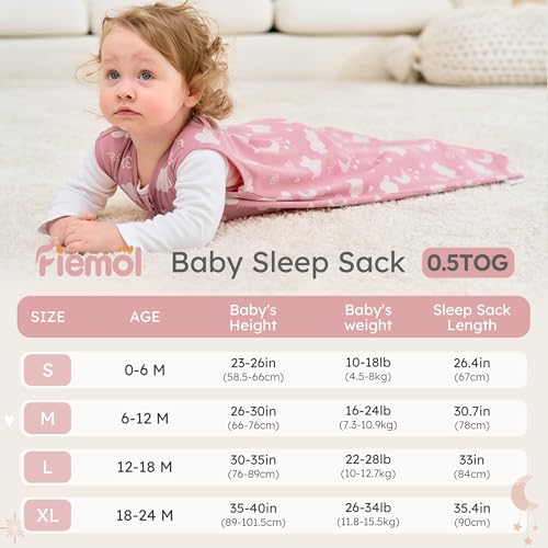 FIEMOL Baby Sleep Sack 6-12 months, 100% Cotton Sleeping Sack for Newborn and Infant, 3 Pack Baby Wearable Blanket, 0.5 Tog Lightweight Double Zipper Sleep Bag Medium Pink Stars Moon - Image 4
