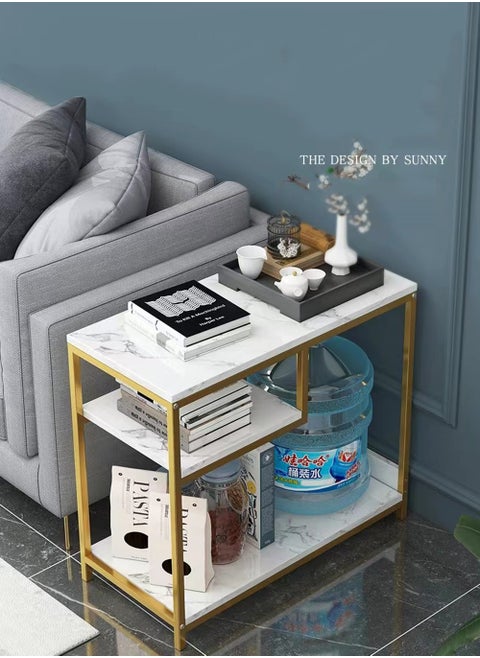 Side Table White Marble Coffee Table Tea End Table for Sofa Bed and Couch Corner Bedside Table Accent Desk with 3 Tier Storage for Bedroom, Living Room, Small Spaces