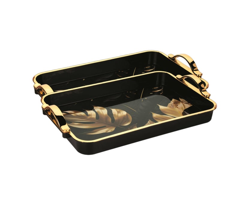 Nabhya طقم نابها جلامور 2 قطعة صينية مزخرفة بالزهور مصنوعة من البلاستيك خالية من BPA مع مقبض لتقديم الشاي والقهوة والوجبات الخفيفة وزينة المطبخ وطاولة الطعام (أسود، صغير - 2 قطعة) - Image 2