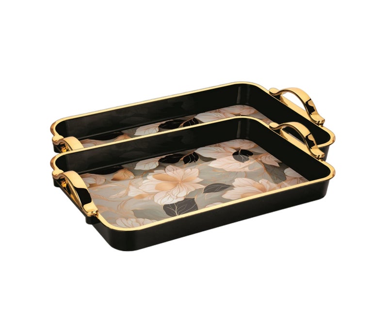 Nabhya طقم نابها جلامور 2 قطعة صينية مزخرفة بالزهور مصنوعة من البلاستيك خالية من BPA مع مقبض لتقديم الشاي والقهوة والوجبات الخفيفة وزينة المطبخ وطاولة الطعام (أسود، صغير - 2 قطعة) - Image 1