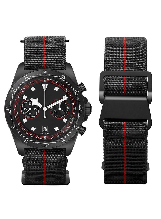 Binlun Elastic Nylon National Parachute Style Replacement Fabric Watch Strap with Hook Buckle Black for Men and Women (Black-Red, 20mm) - Image 1