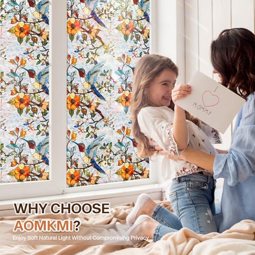 Aomkmi Stained Glass Window Film UV Resistant Window Privacy Film Hummingbird Floral Privacy Rainbow Decals Living Room Bedroom Sun Blocking Decor Removable Static Cling Stickers 17 x 7874 Inch - Image 3
