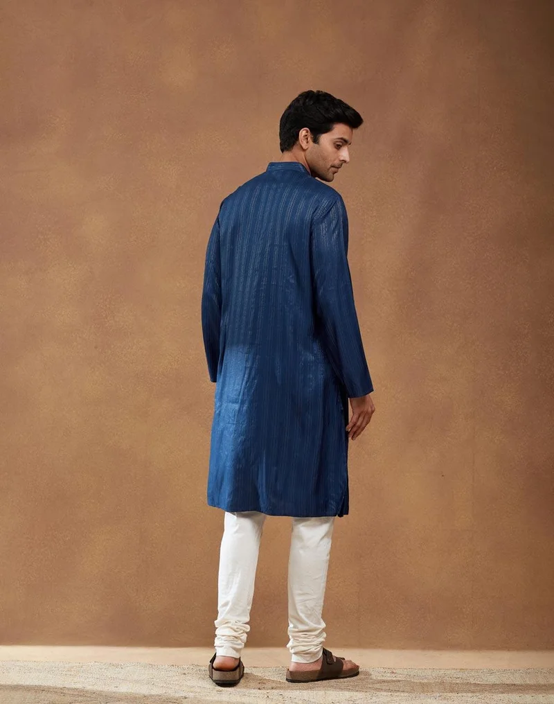 Fabindia Blue Viscose Blend Dobby Long Kurta