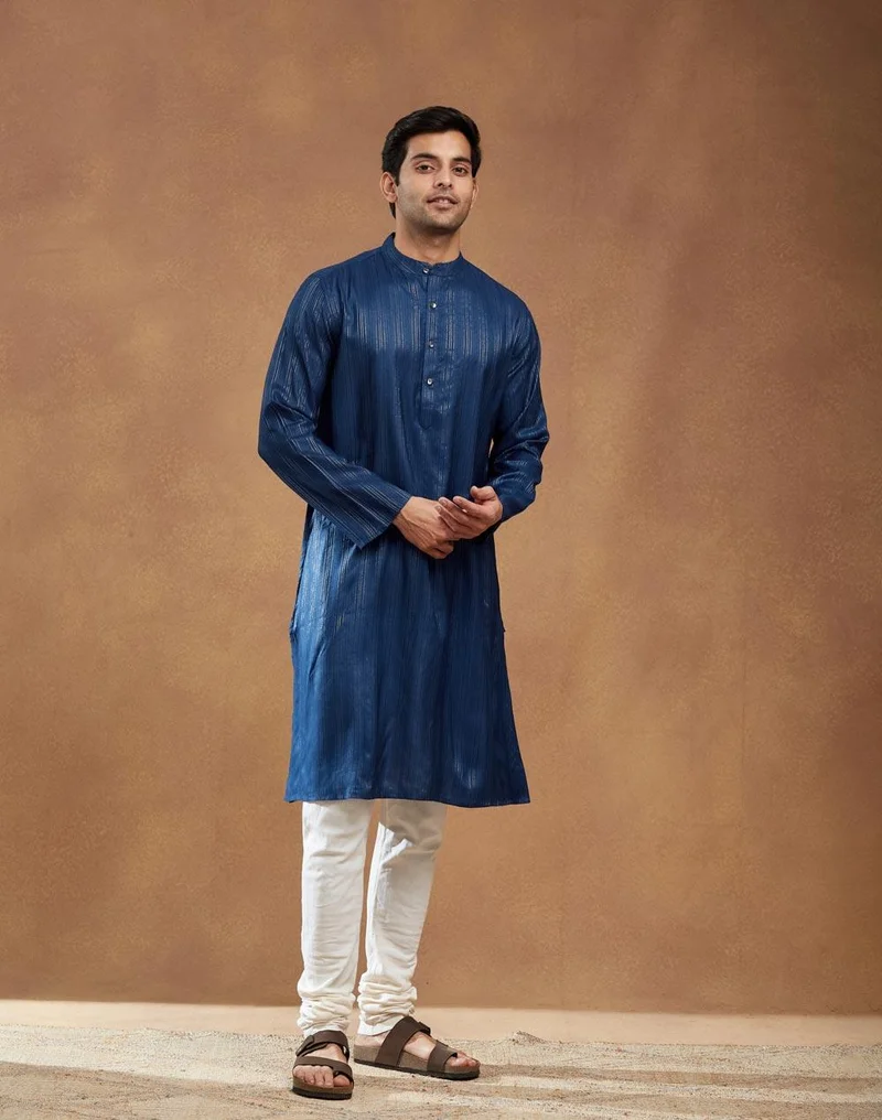 Fabindia Blue Viscose Blend Dobby Long Kurta