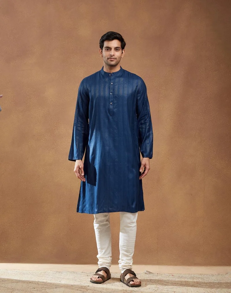 فاب انديا Blue Viscose Blend Dobby Long Kurta