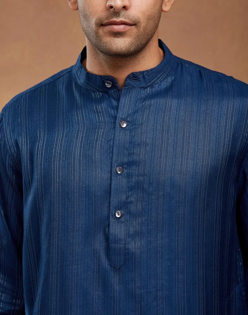 Fabindia Blue Viscose Blend Dobby Long Kurta
