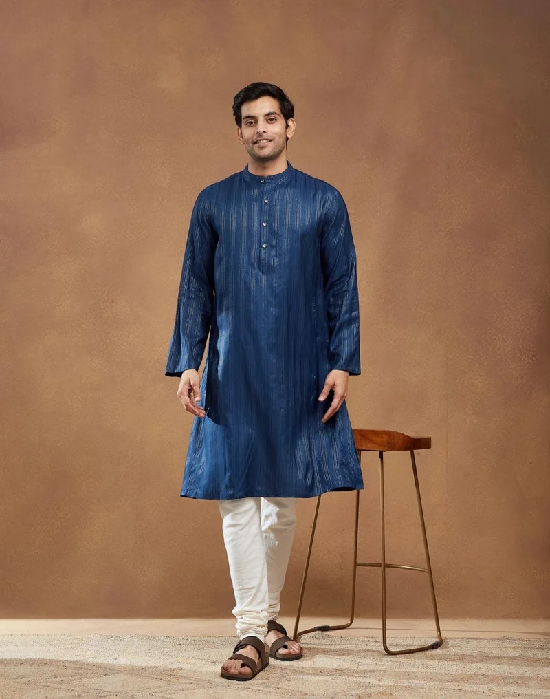 فاب انديا Blue Viscose Blend Dobby Long Kurta