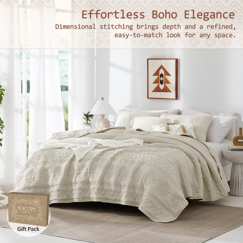 Beige Boho Twin Quit Size Bedding Set with 1 Pillow Sham, Farmhouse Lightweight Soft Bedspread Coverlet for All Season, 2 Pieces, 68x90 inches - Image 2
